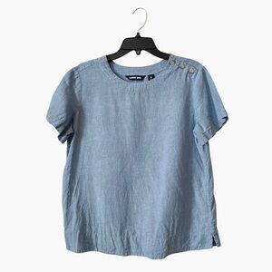 Lands End Linen Top Women’s Size M Blue Chambray Classic Coastal Button Shoulder